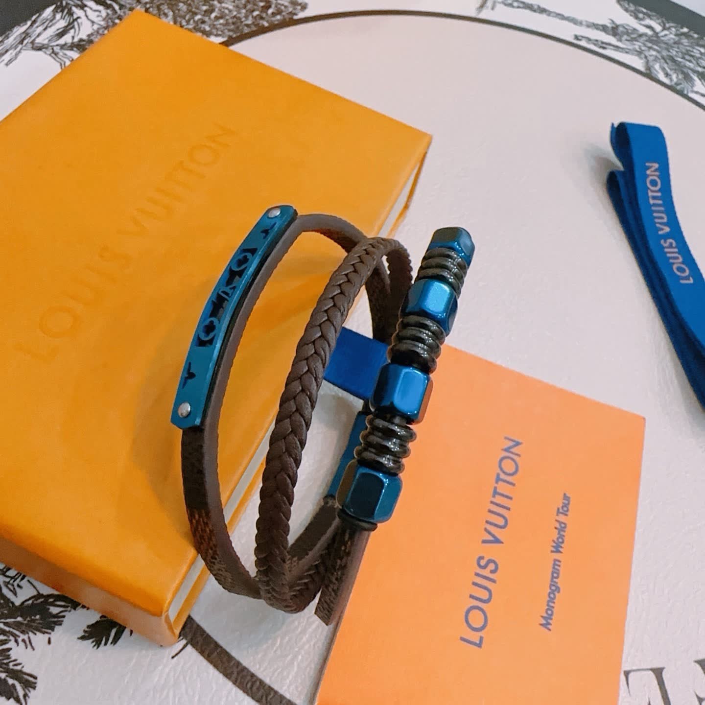 Louis Vuitton Brown Leather and Blue Bead Bracelet